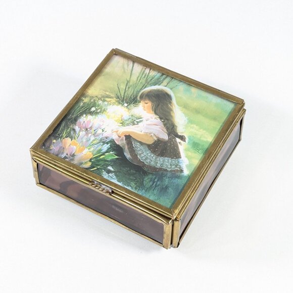 1990s Glass and brass trinket box handcrafted Via Vermont Mexico jewelry box - Picture 9 of 11